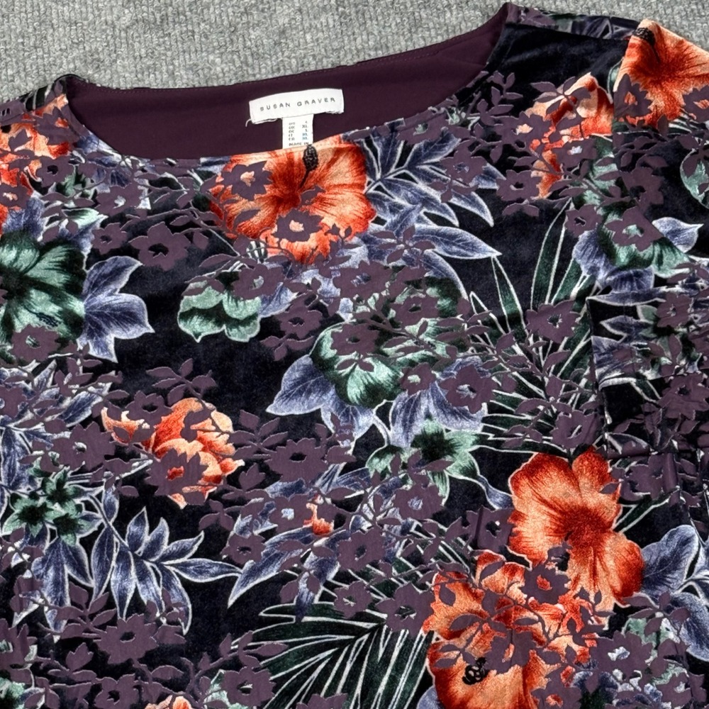 Susan Graver Large Velvet Burnout Floral Top Long Sleeve Maximalism Party Luxury